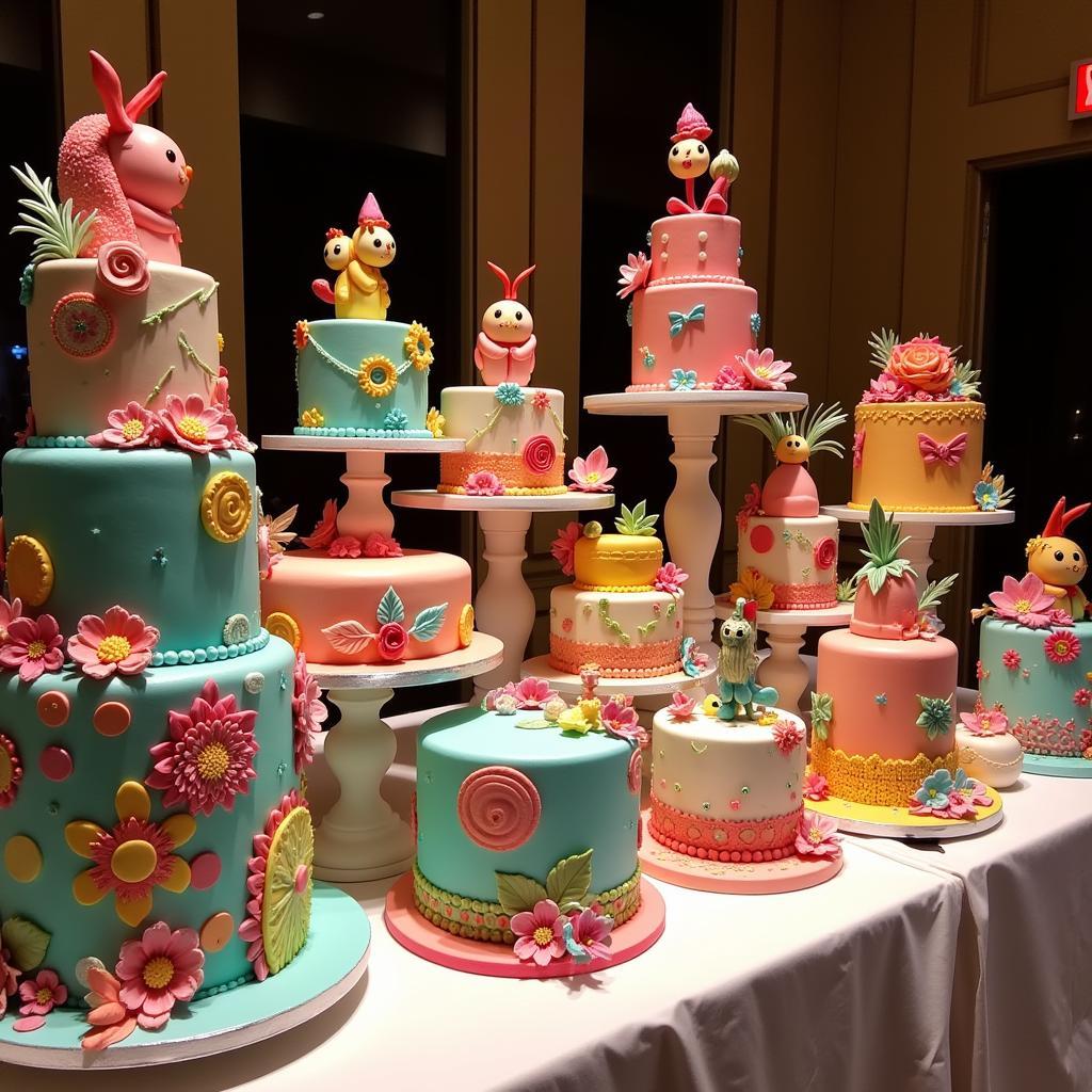 Cake art cakes displayed on a table at an event.