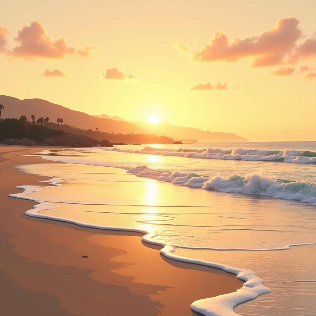 California Beach Art Print: A serene depiction of a Southern California beach at sunset, with gentle waves lapping against the shore and a warm, golden sky.