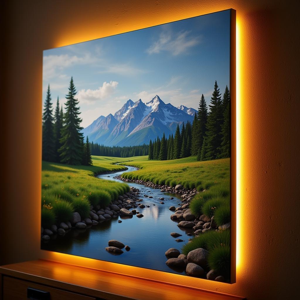 Canvas art illuminated with warm white LED lights, showcasing a landscape scene.