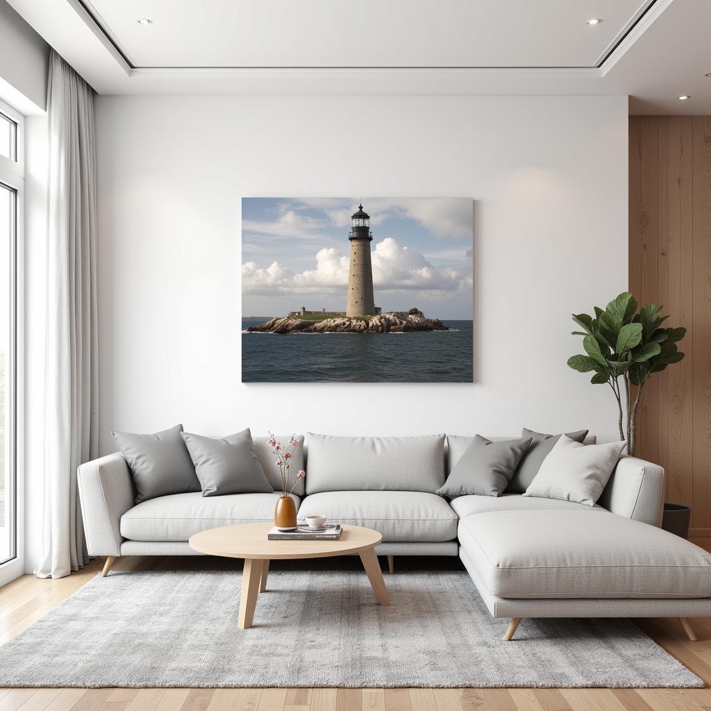 Modern living room with canvas lighthouse wall art.