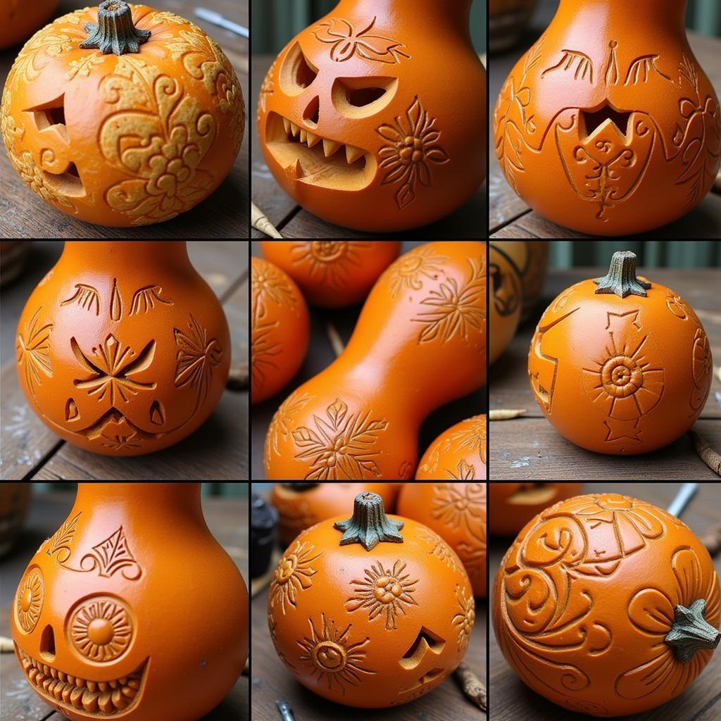 Intricately carved gourd art available for sale, showcasing detailed patterns and textures.