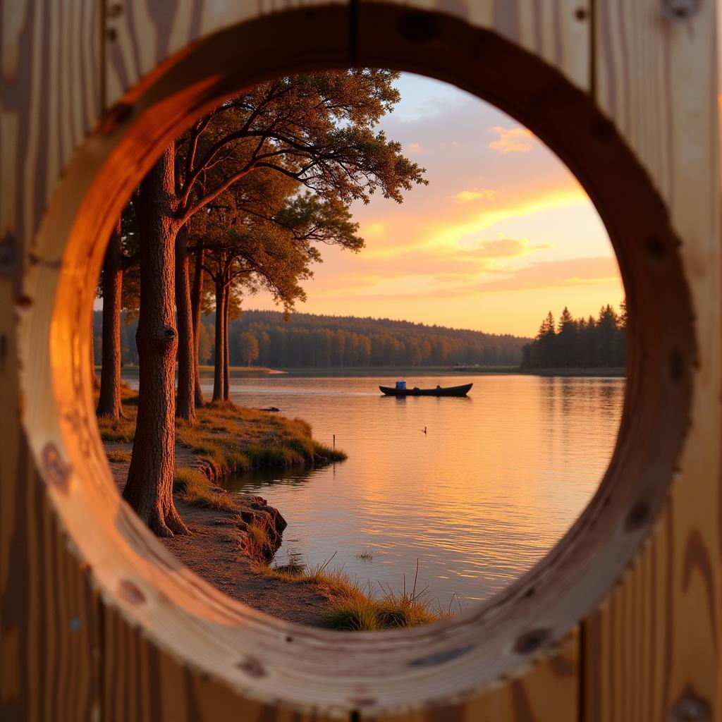 Wooden sculpture depicting a serene lake scene with intricate details.