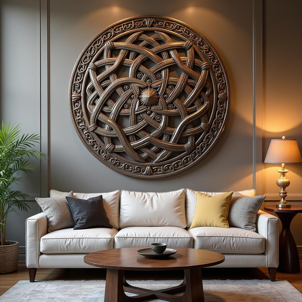 Intricate Celtic knotwork wall art adorning a modern living room, adding a touch of ancient mystique and sophistication.