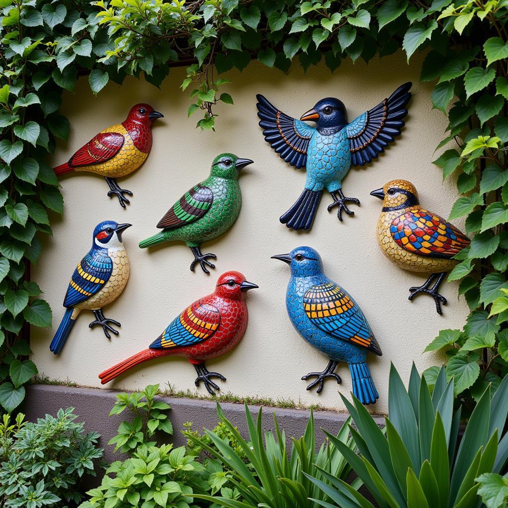 Vibrant ceramic mosaic bird art adds a pop of color to a garden wall