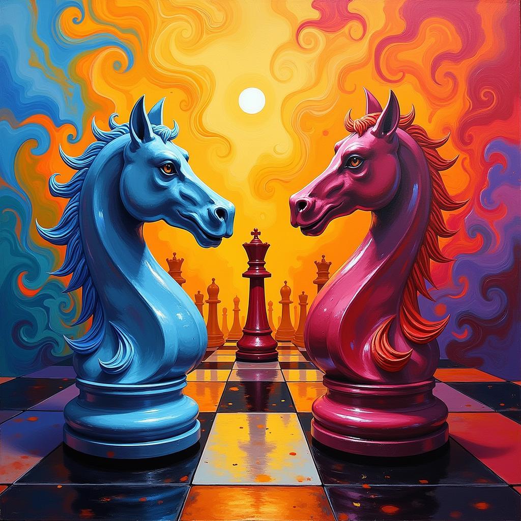 Abstract art depicting the chess queen using vibrant colors and dynamic shapes, emphasizing her dynamic nature and strategic possibilities.