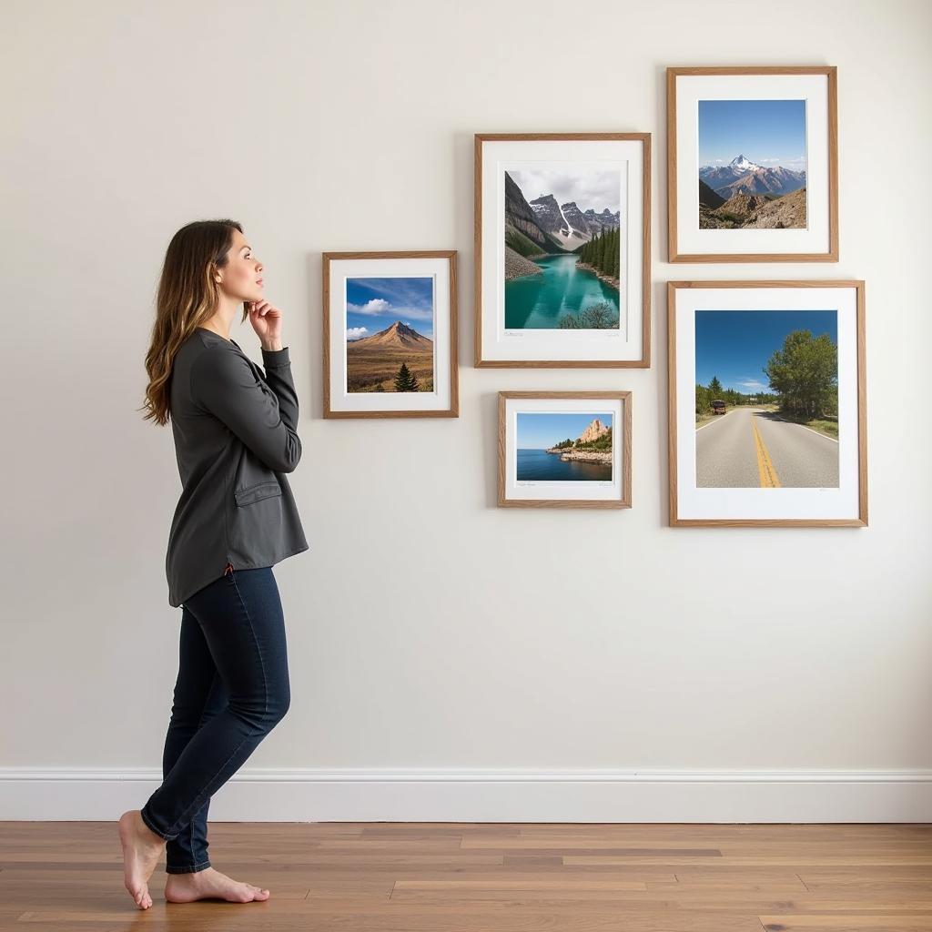 A person carefully considering different framed landscape art prints on a wall, evaluating their size, color, and style to find the perfect match for their home decor.