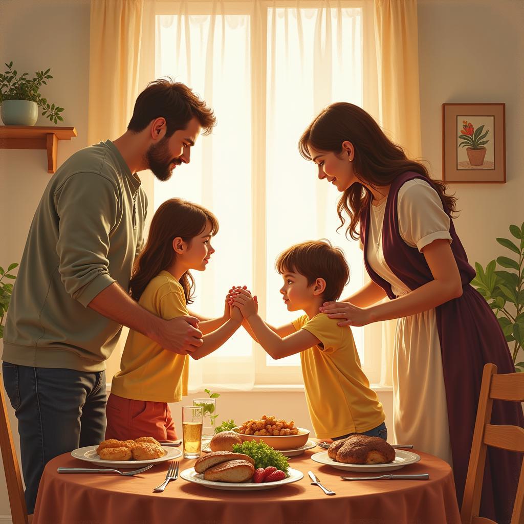 Christian Wall Art Showing a Family Saying Grace Before a Meal