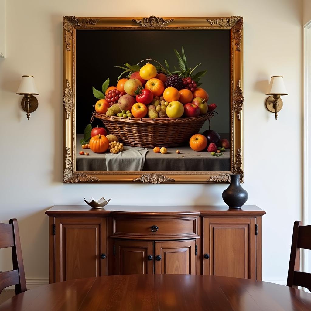 Christian Wall Art Depicting a Basket of Fruit Symbolizing Abundance in a Dining Room Setting