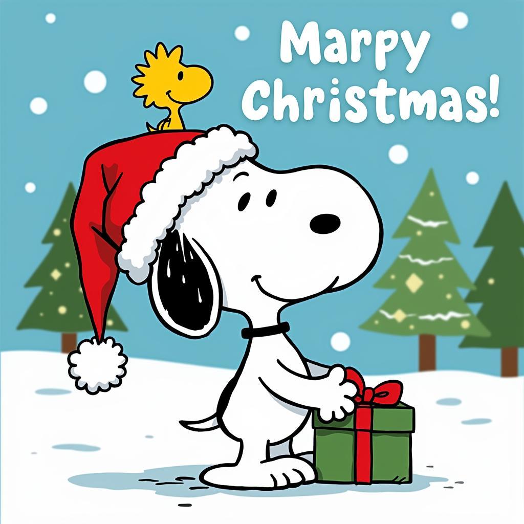 Snoopy and Woodstock on a Christmas Greeting Card