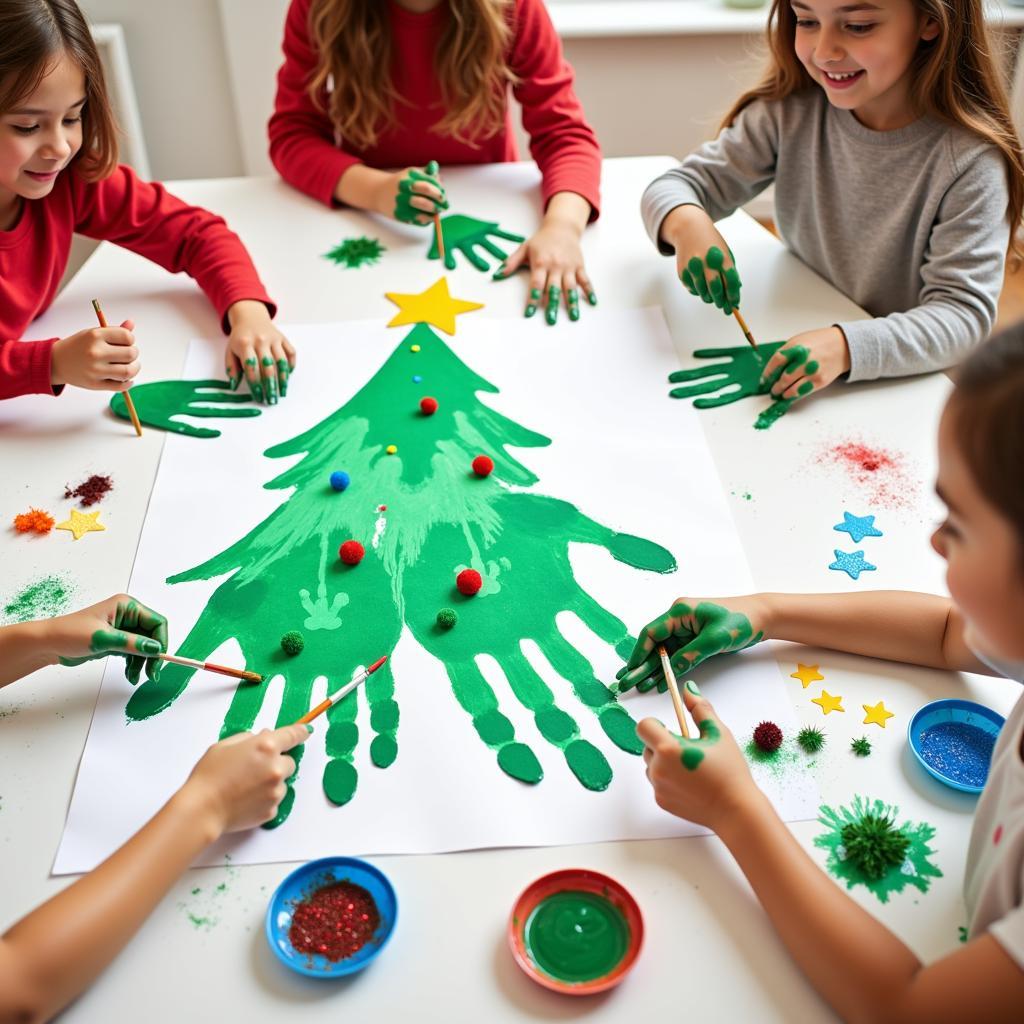 Kids crafting a handprint christmas tree