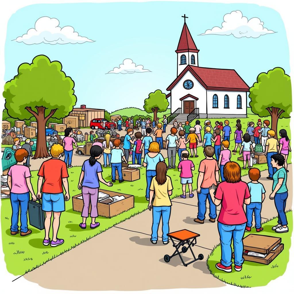 Clip art depicting a bustling church yard sale scene