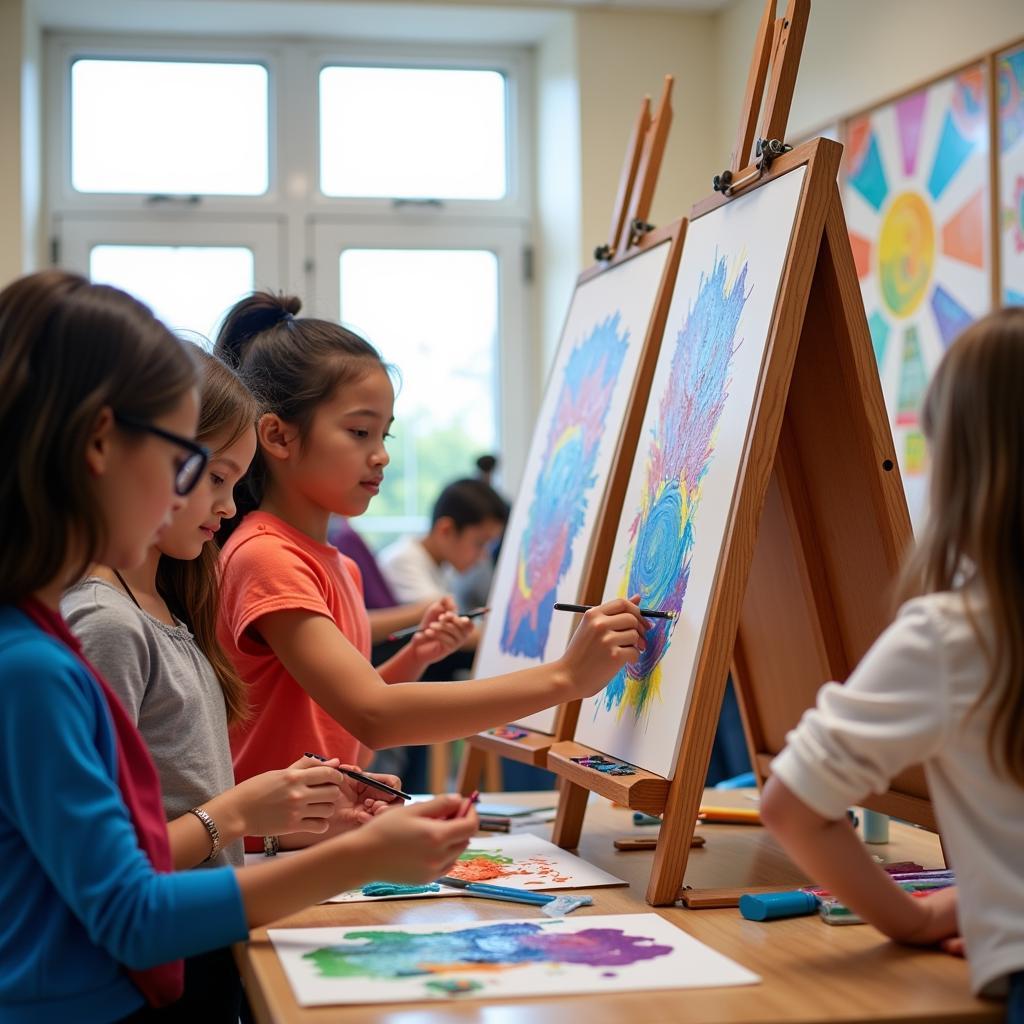 Students using a classroom art easel for a collaborative painting project