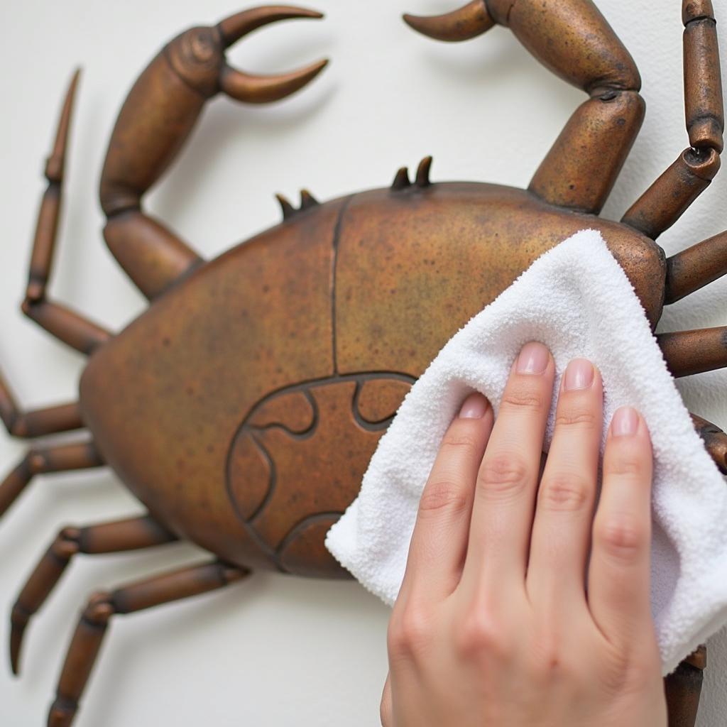 Cleaning crab metal wall art with a soft cloth.