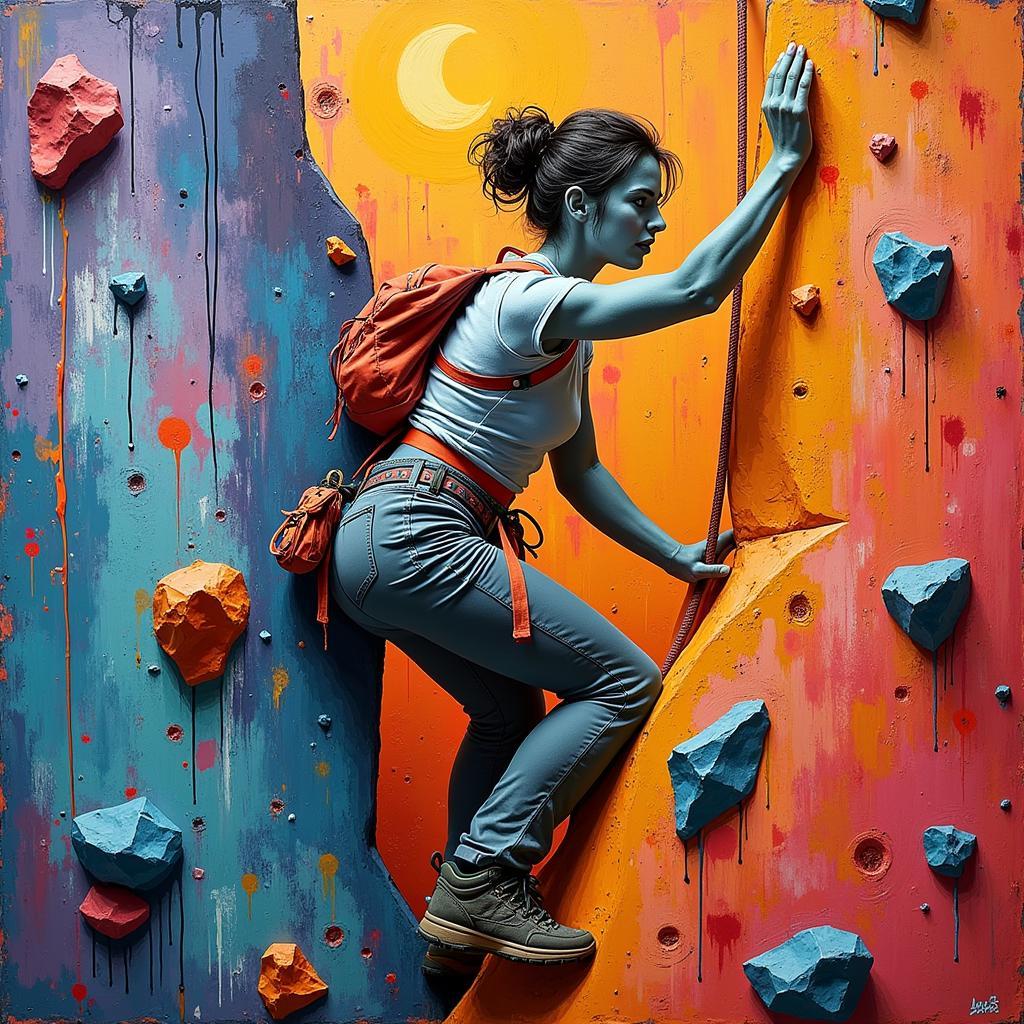 Abstract Mixed Media Canvas Art of a Climbing Woman