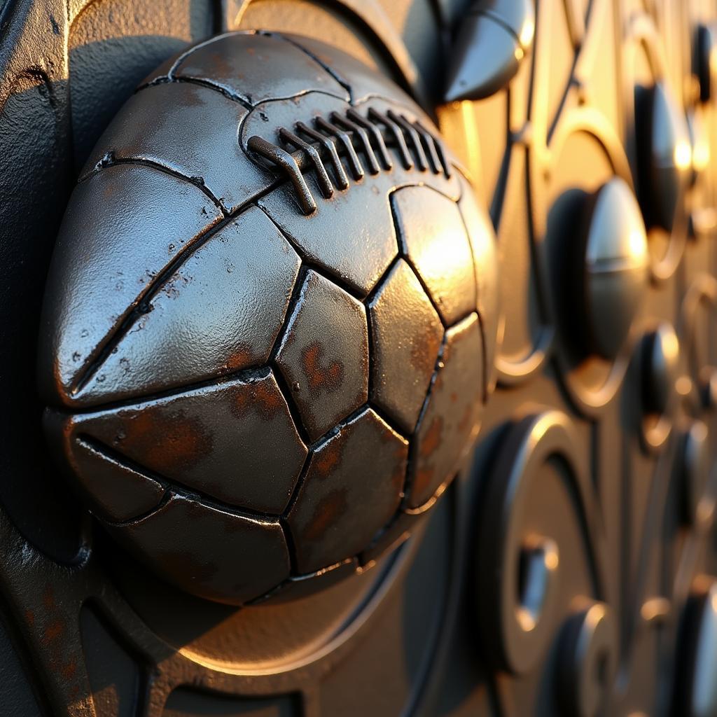 Close-up view of the textured surface of a metal football wall art piece.  The details and craftsmanship are clearly visible.