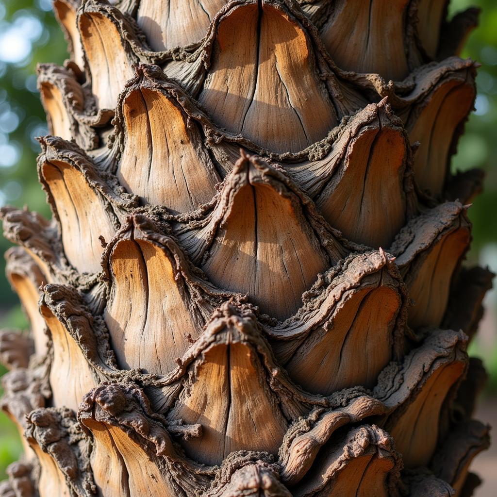 Close-up photograph of a palm tree trunk, highlighting the textured bark