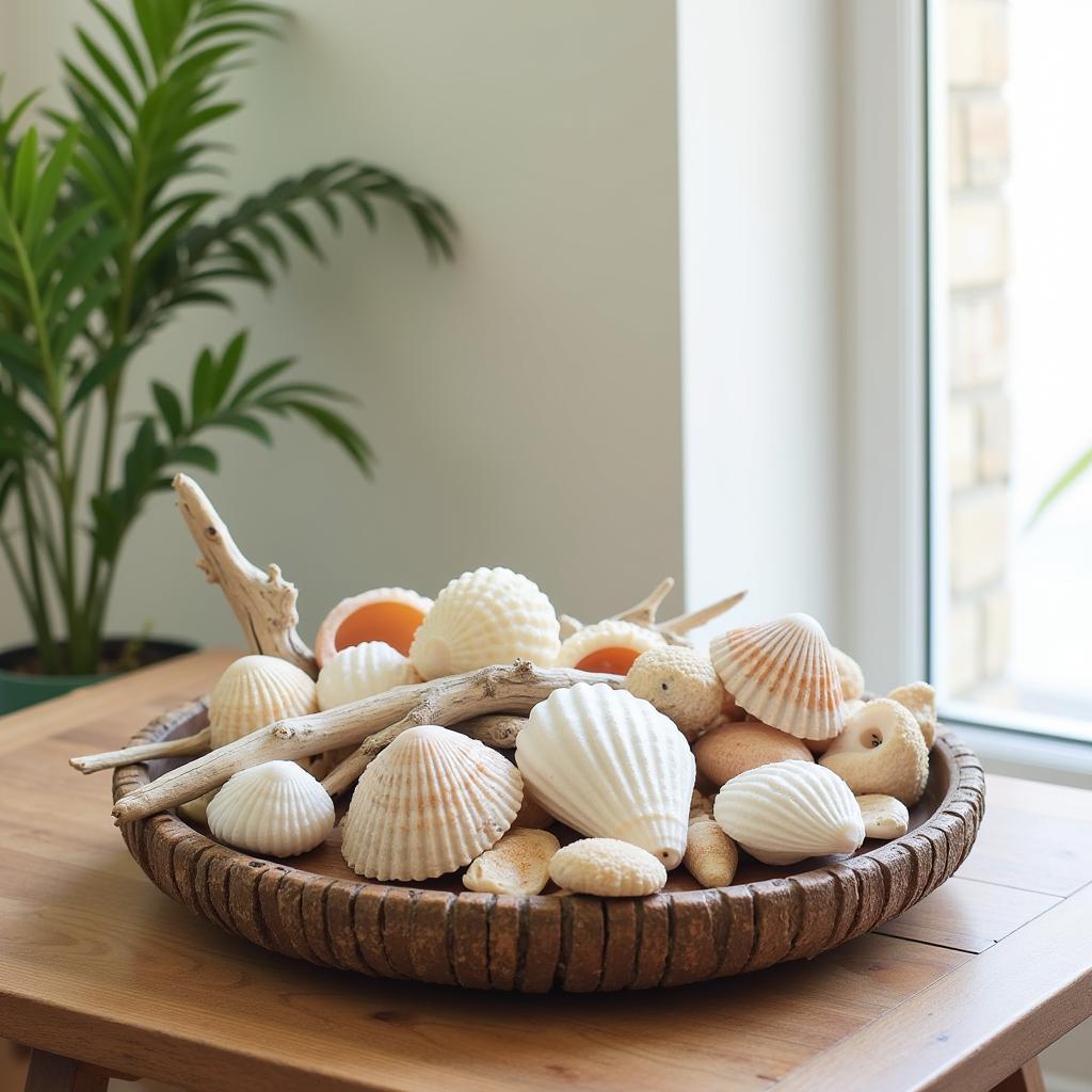 Coastal decor featuring seashells and driftwood.