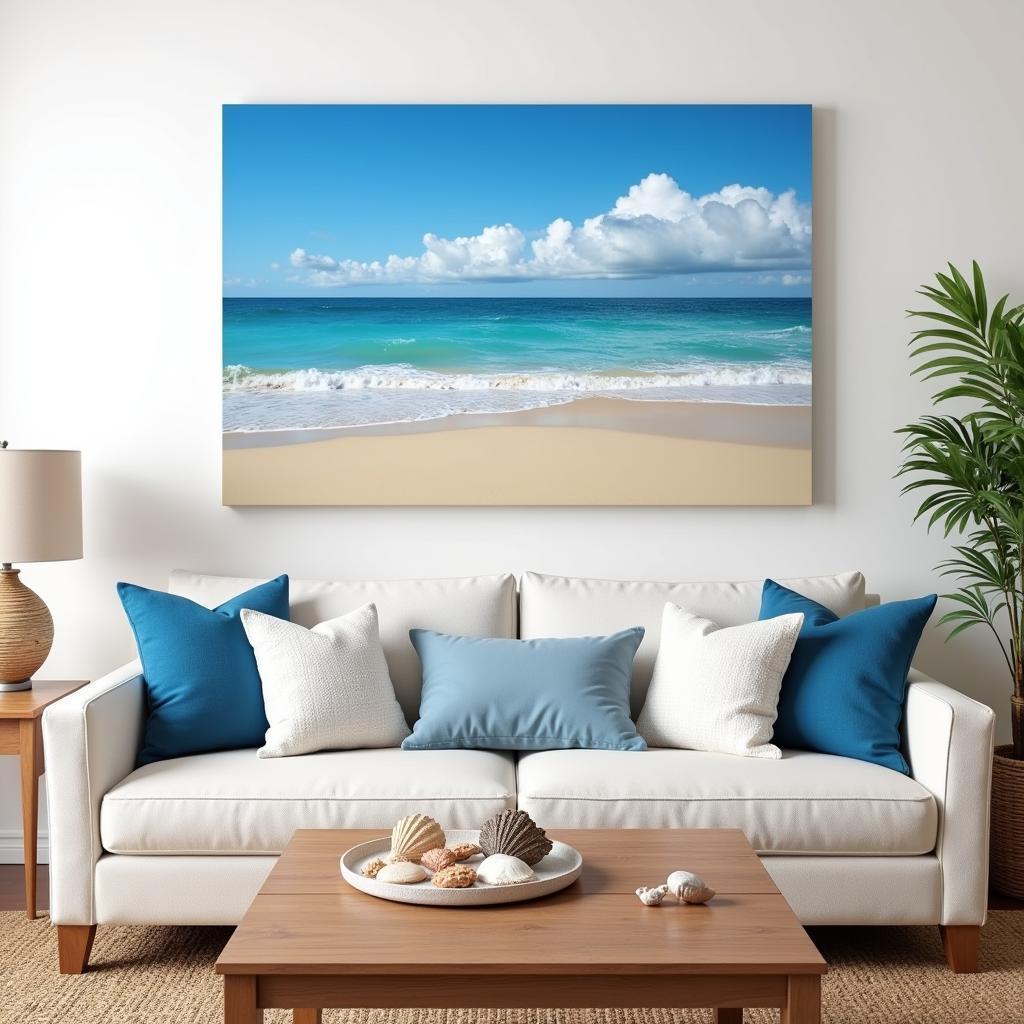 Coastal Oasis with Large Beach Wall Art:  A Living Room Decorated with Large Beach Wall Art, Accentuated by Coastal-themed Accessories Like Throw Pillows, Rugs, and Seashells.