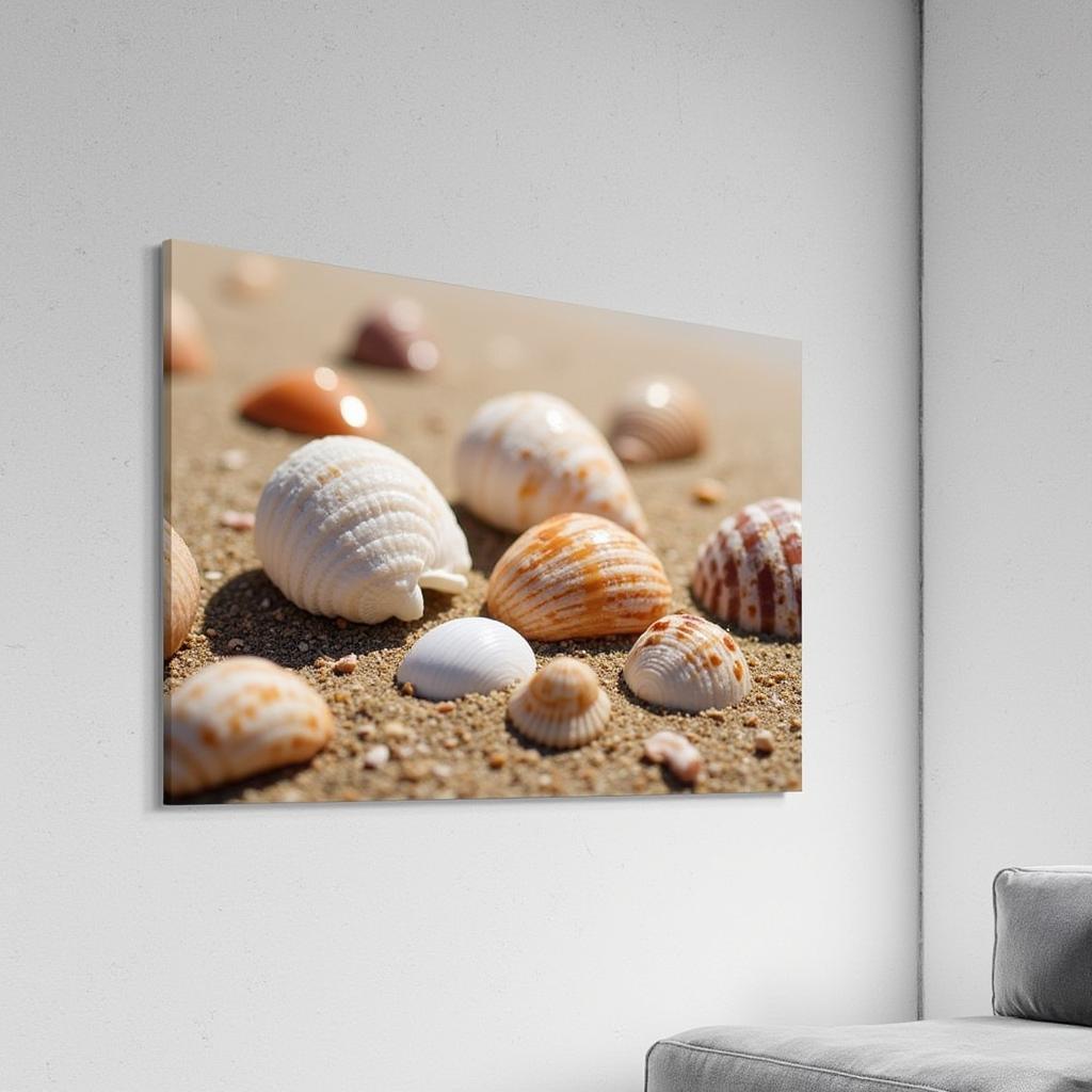 Coastal photography wall art showcasing a close-up view of seashells scattered on the beach