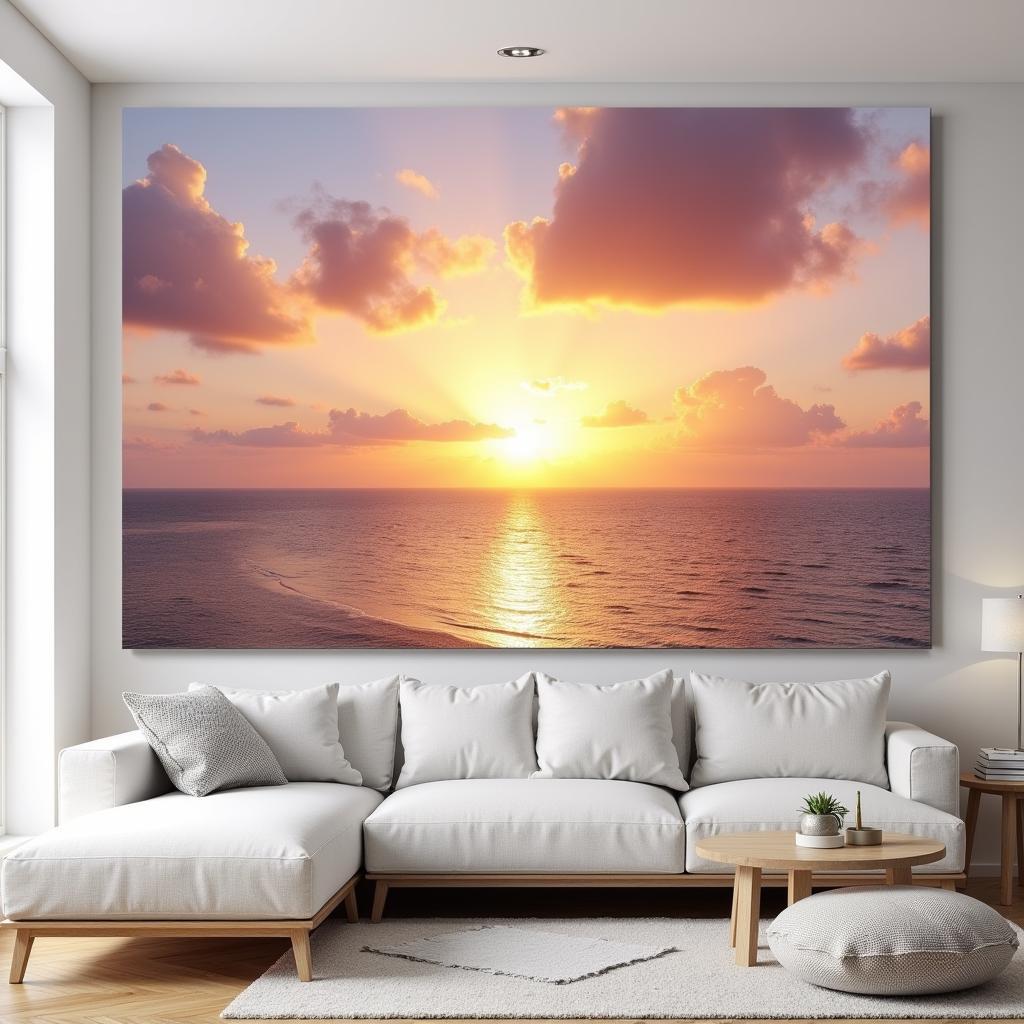 Coastal photography wall art showcasing a vibrant sunrise over a serene seascape