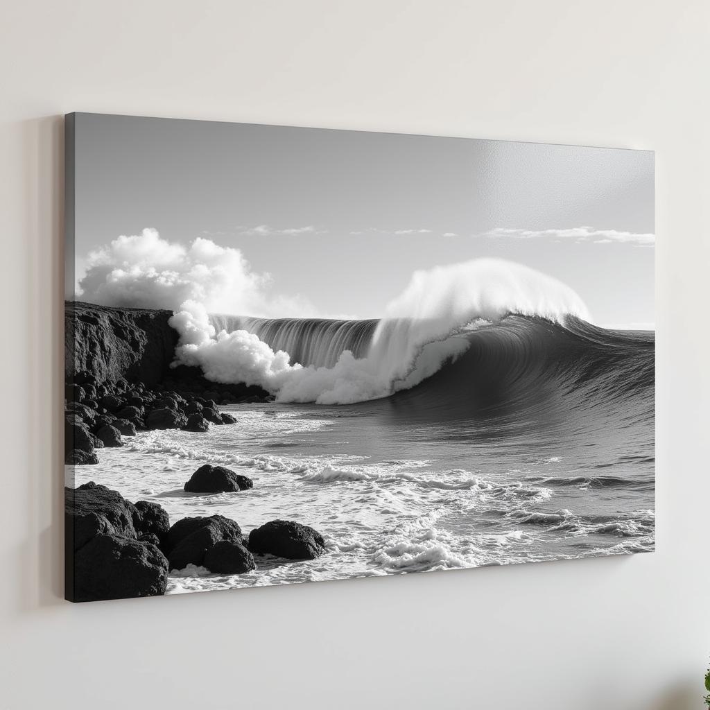 Coastal photography wall art depicting a powerful wave crashing against rugged rocks