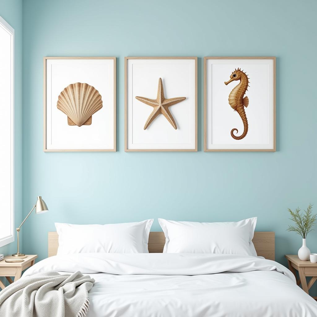 Coastal themed bedroom decor featuring a wall art set