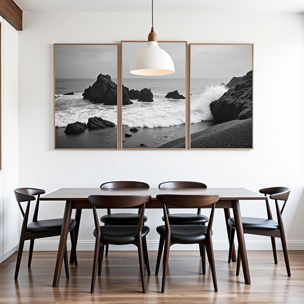 Coastal wall art sets create a focal point in a dining area