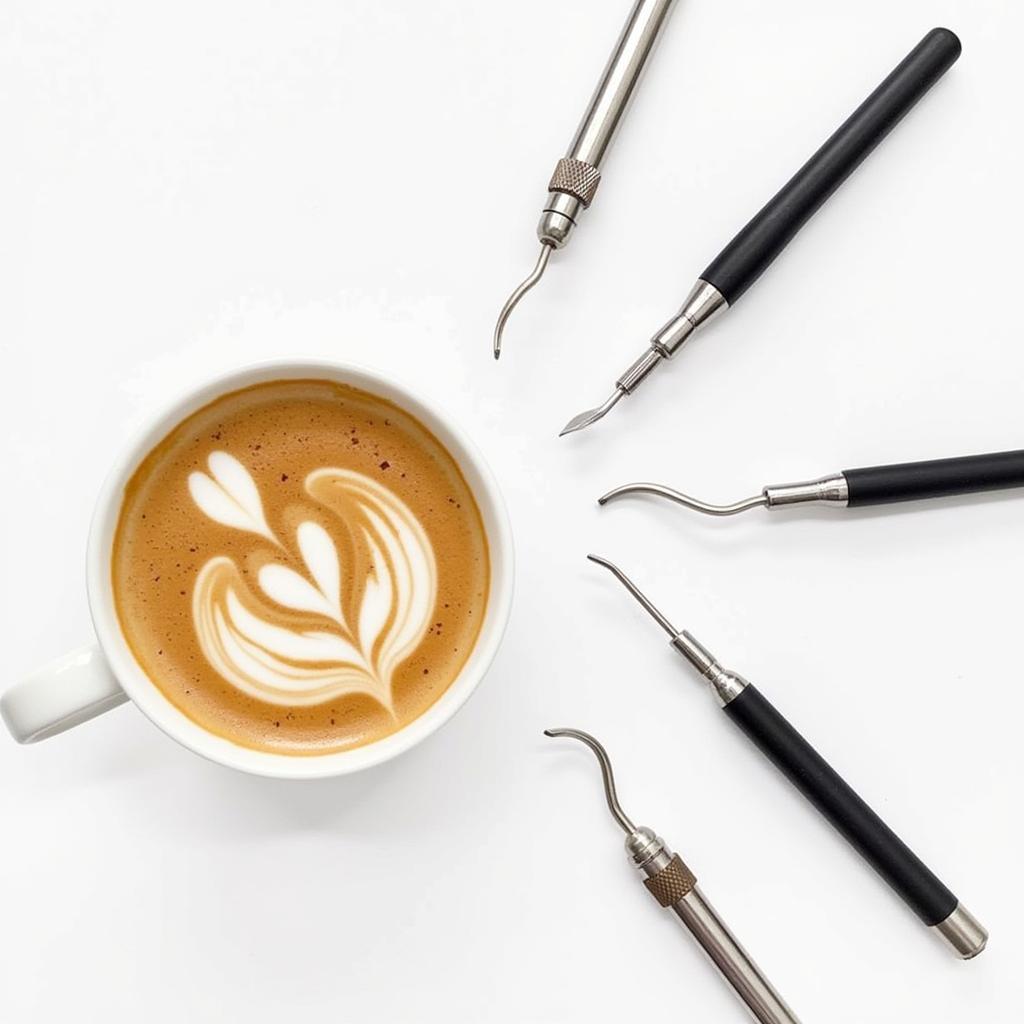 Various etching tools for coffee art, including toothpicks, skewers, and specialized latte art pens.