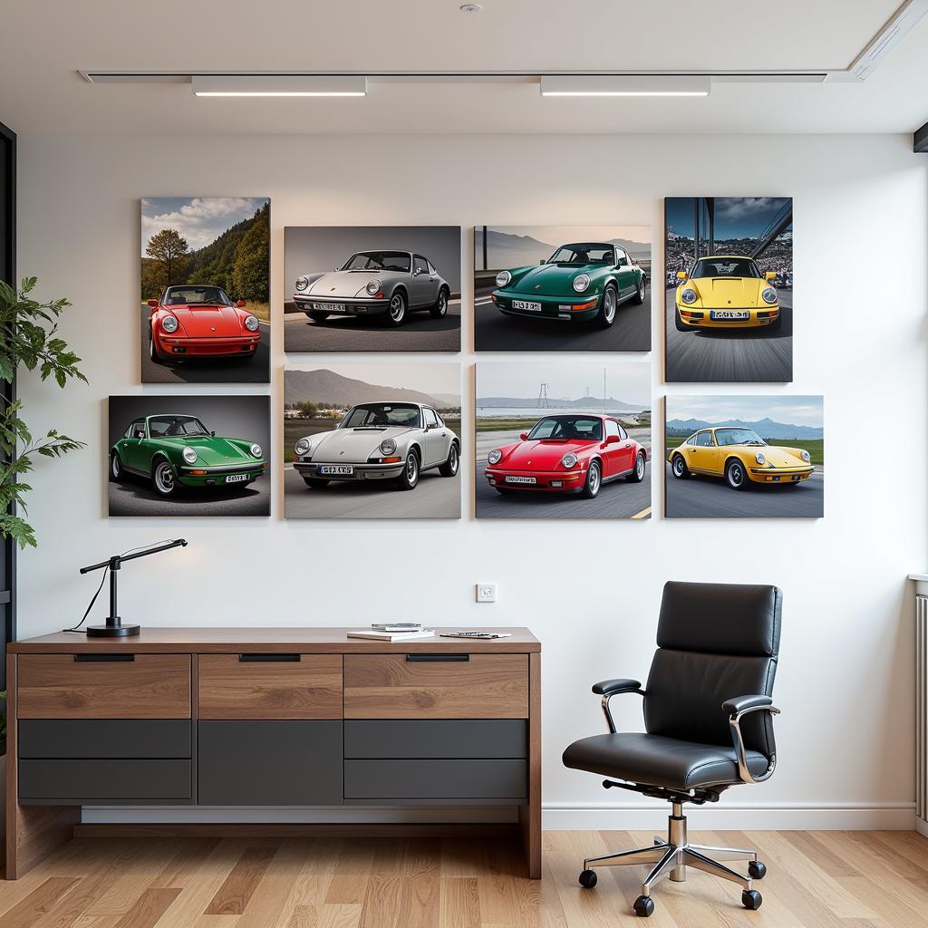 Collection of Porsche Canvas Prints in an Office