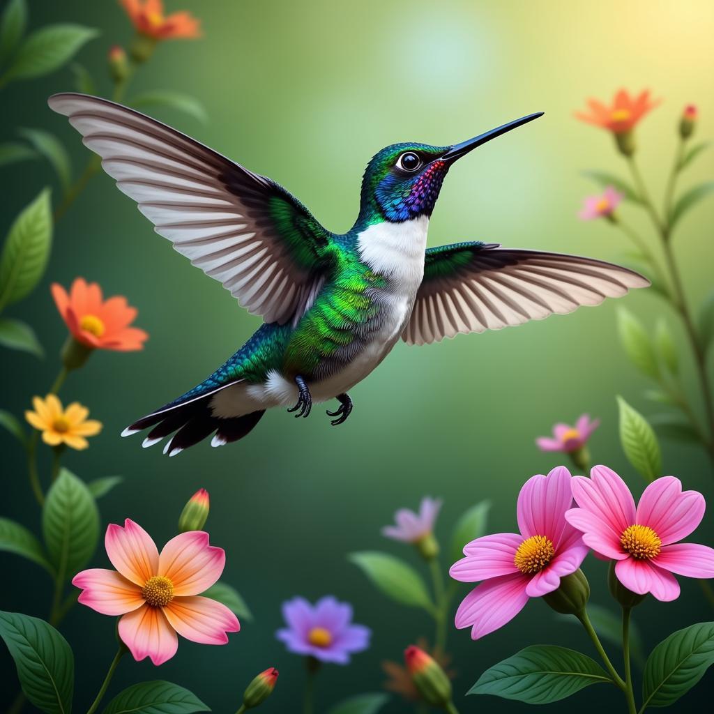 Digital Painting of a Colorful Hummingbird in a Tropical Setting