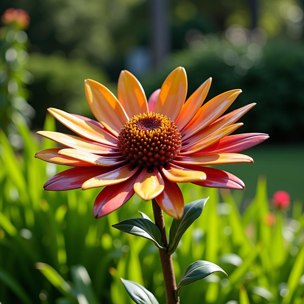 Vibrant metal flower sculpture adds a pop of color to a garden