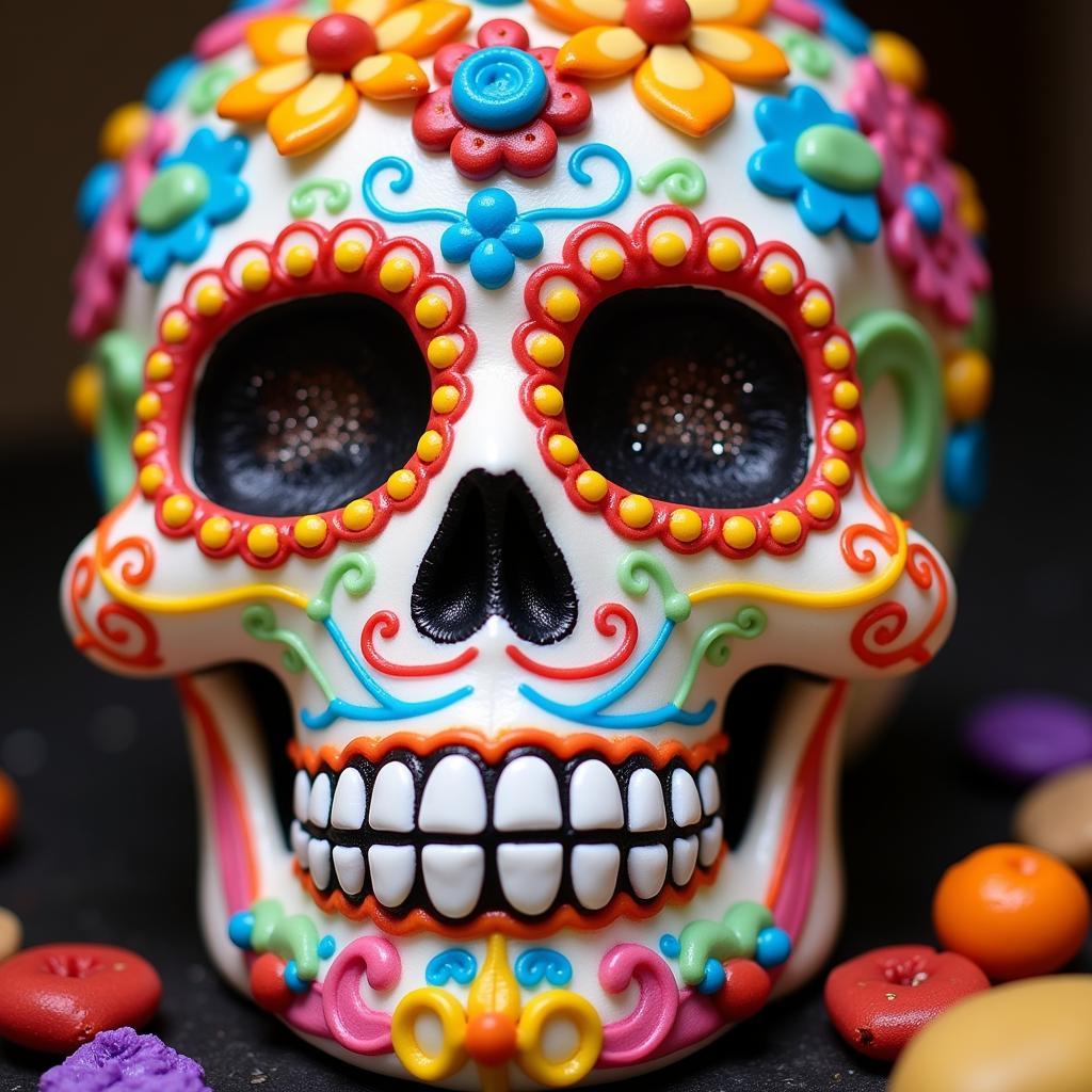 Colorful sugar skull decorated for Dia de los Muertos