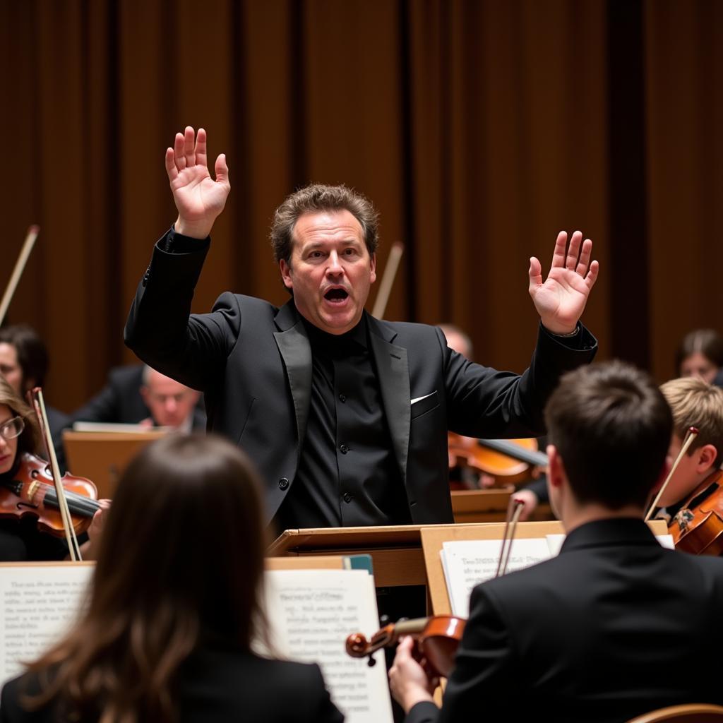 A conductor leading an orchestra in a performance of Pictures at an Exhibition.