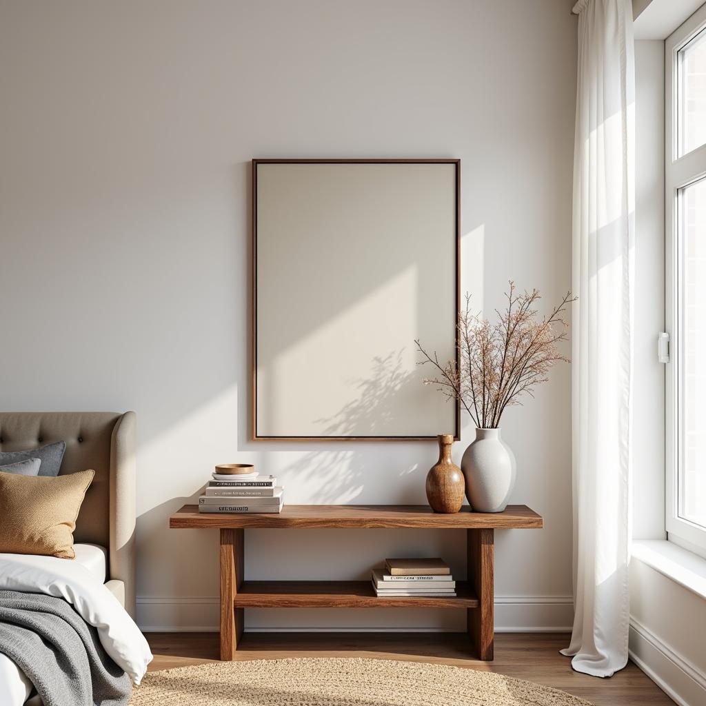 Art and console table in bedroom setting