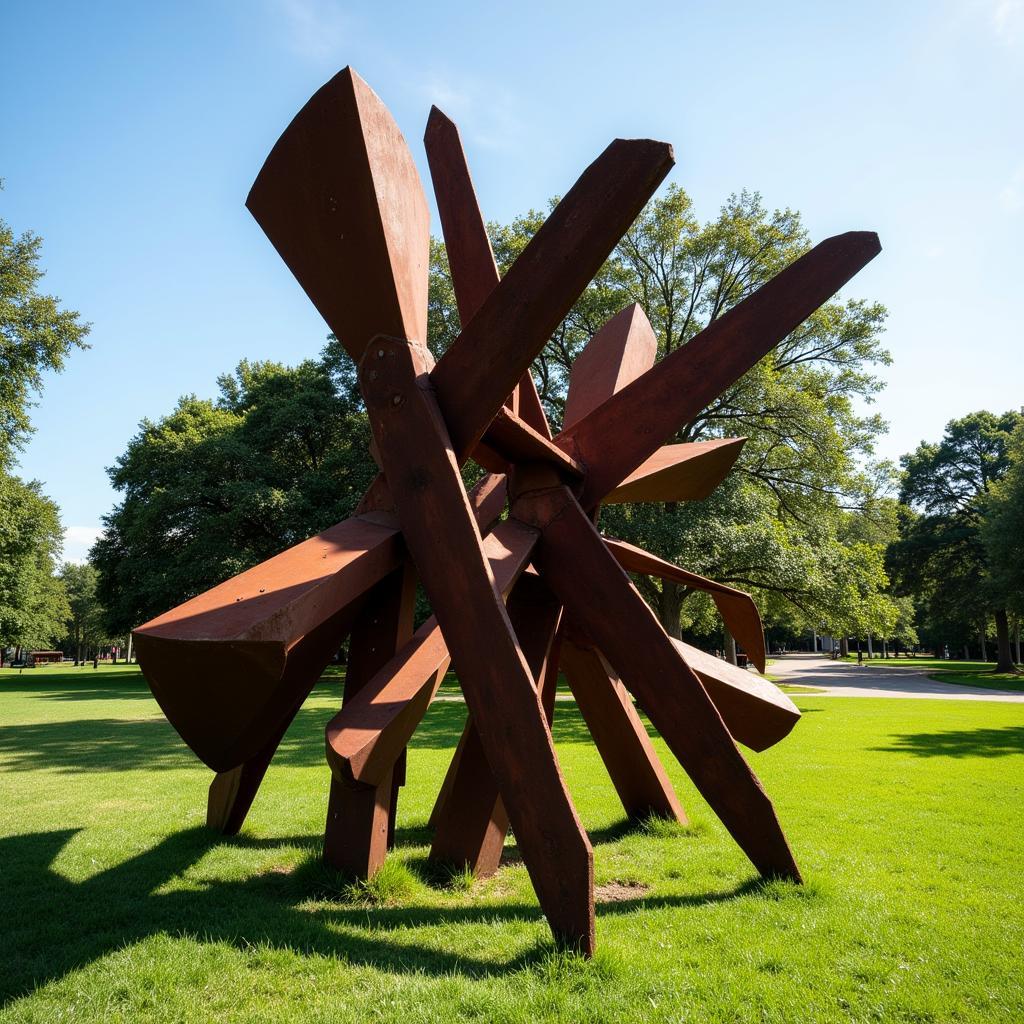 Contemporary art metal sculpture displayed as part of an outdoor installation.