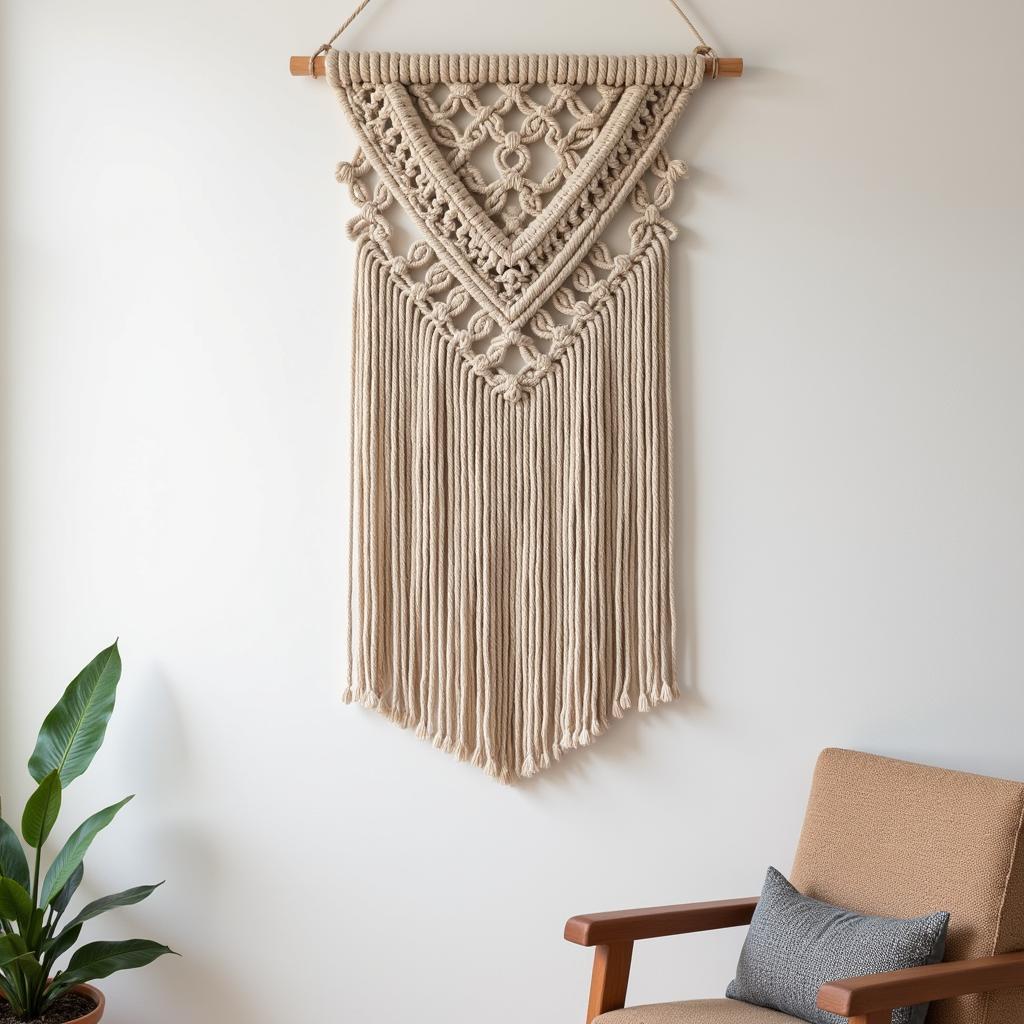 Macrame wall hanging showcasing intricate knotting and natural fibers, adding a bohemian touch to a modern living room.