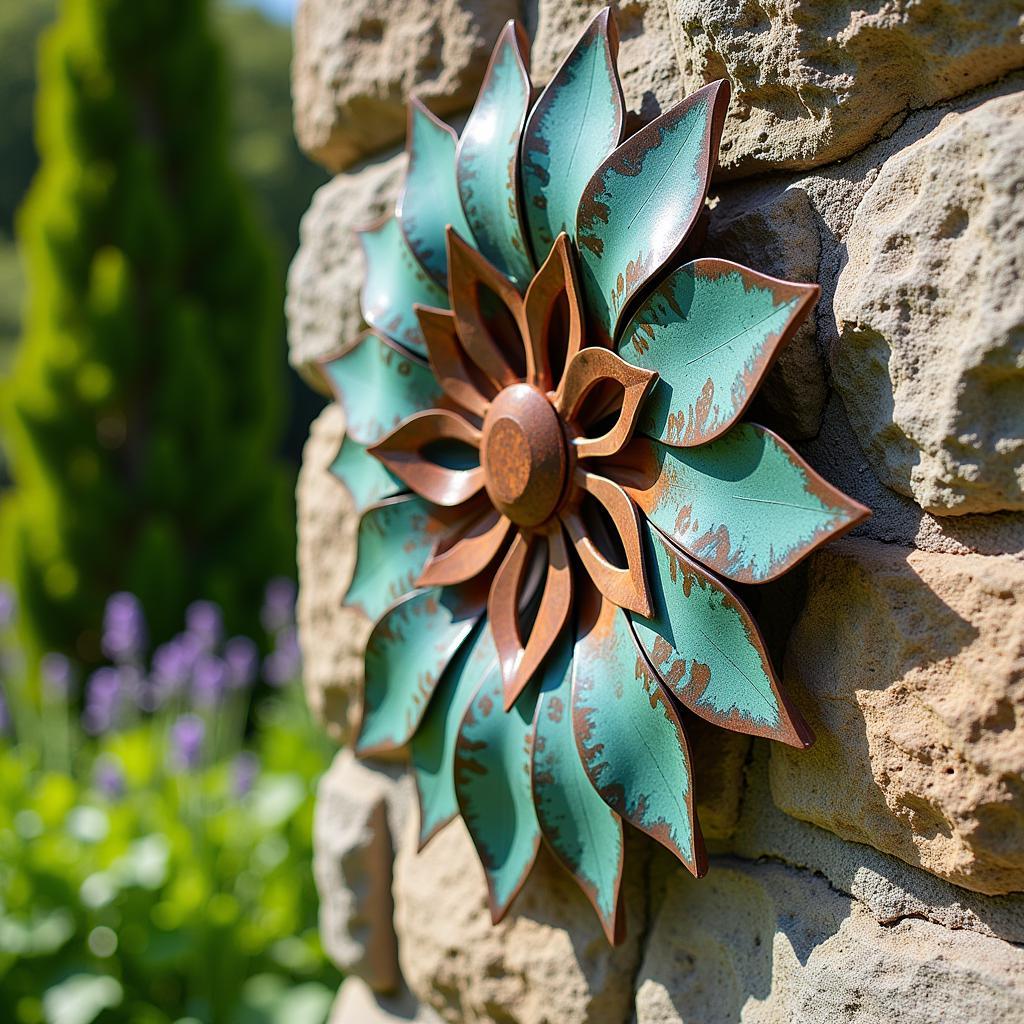 A stunning copper metal wall art piece displayed in a garden, showcasing its natural green patina and intricate floral design.