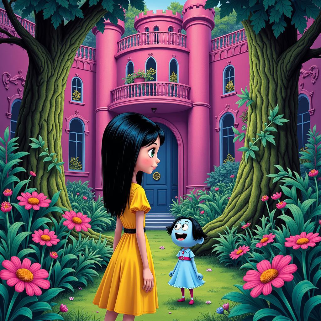 Coraline and Wybie exploring the Pink Palace Gardens art print.