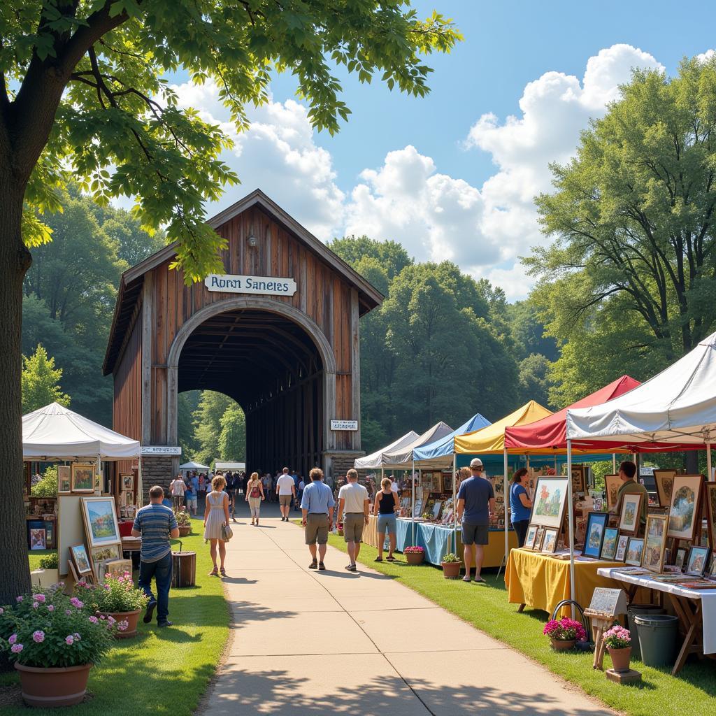 Covered bridge arts festival with artists displaying their work and visitors enjoying the scenery