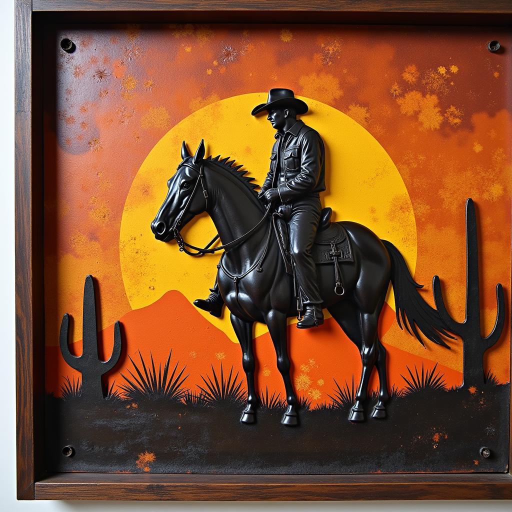 Rustic ranch decor featuring a cowboy metal wall art piece depicting a silhouetted cowboy on horseback against a sunset backdrop.