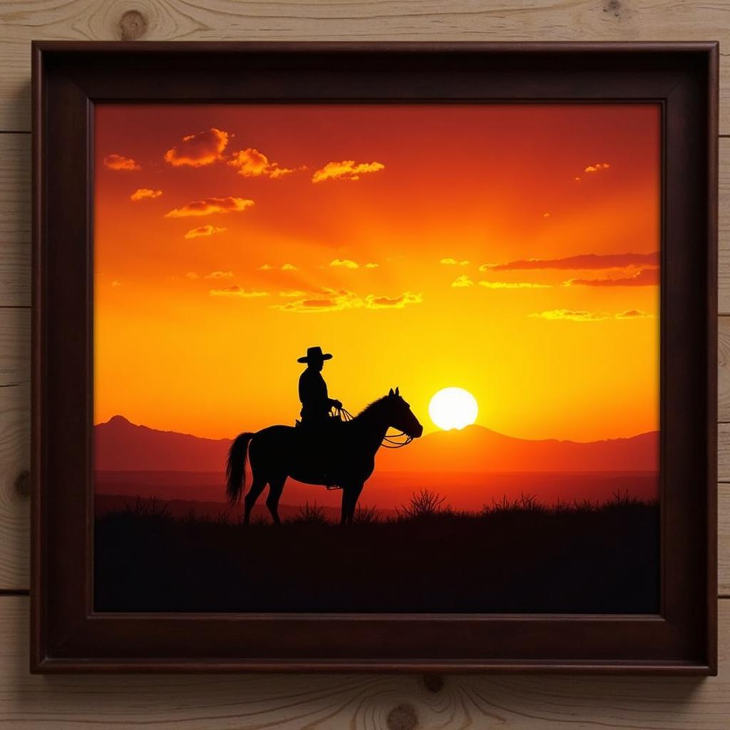 Cowboy Riding Horse at Sunset Framed Art