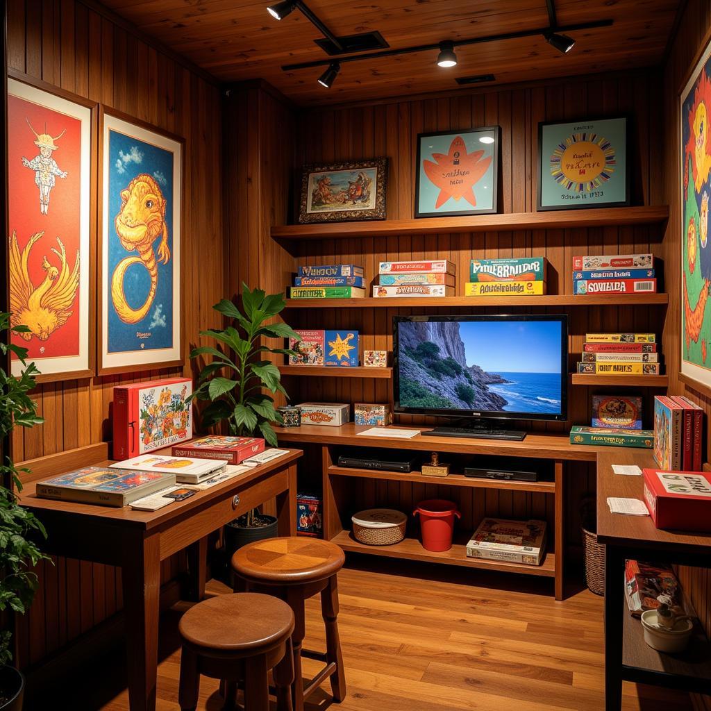 Cozy board game room with wooden shelves, board game art, and warm lighting.