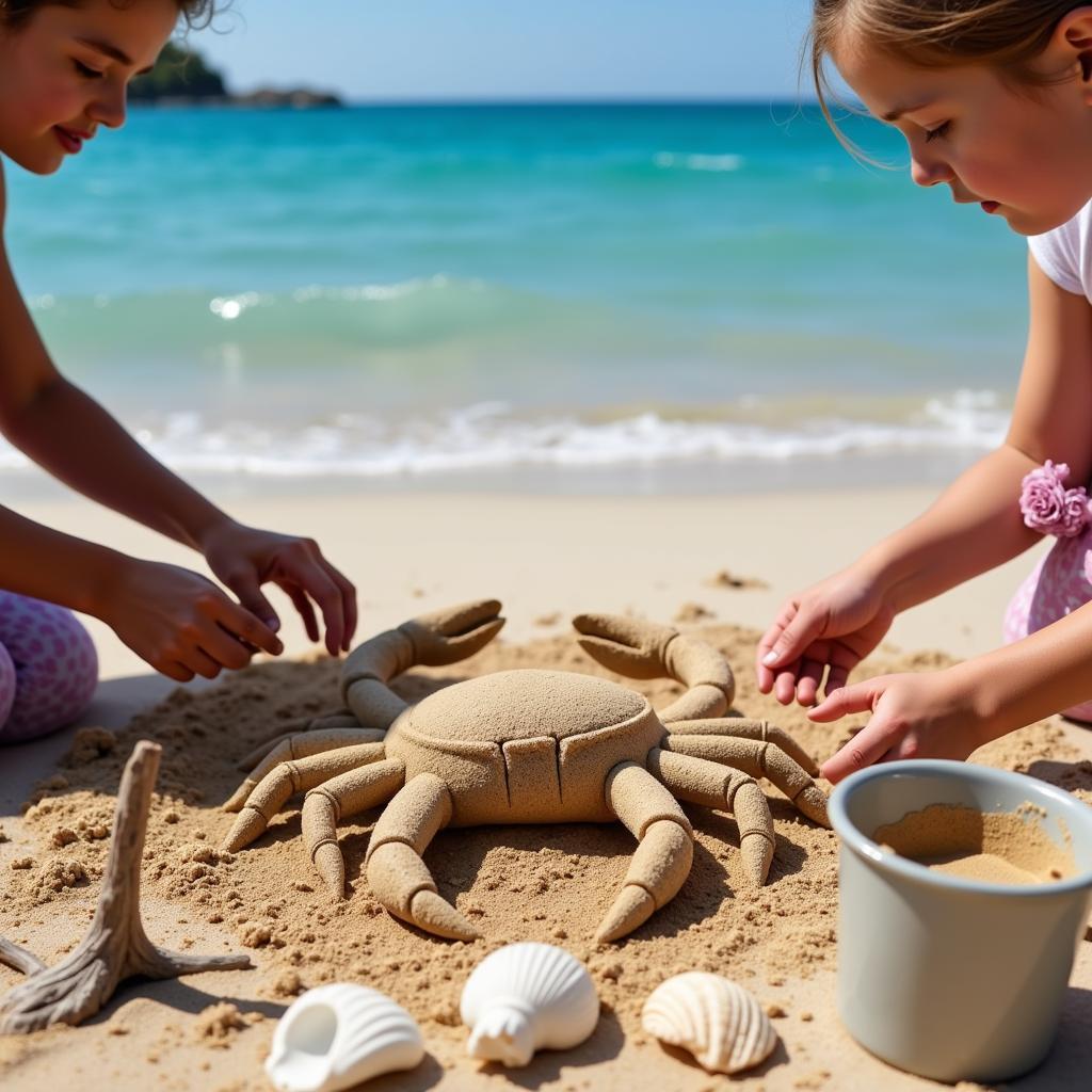 Crab sand art being created on a sunny beach