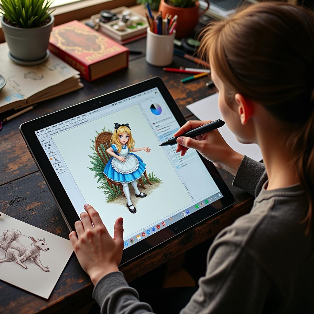 Creating Down the Rabbit Hole Art: An artist is working on a digital painting using a graphics tablet, surrounded by sketches and reference images inspired by "Alice in Wonderland," illustrating the creative process behind down the rabbit hole art.