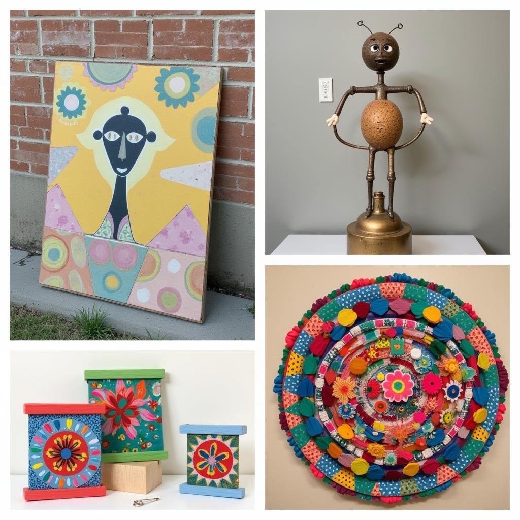 Examples of creative art projects made with discount art and craft supplies.