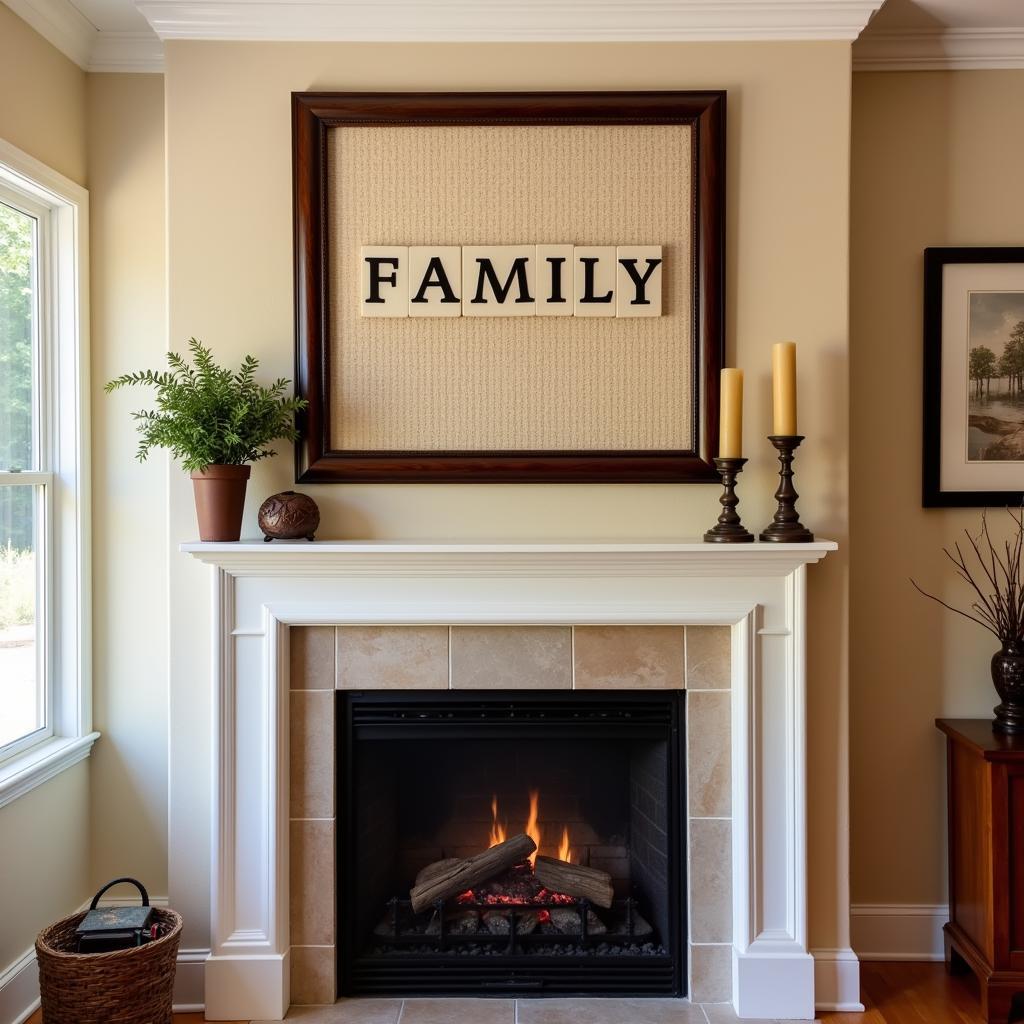 Crossword tile wall art displayed above a fireplace in a cozy living room setting