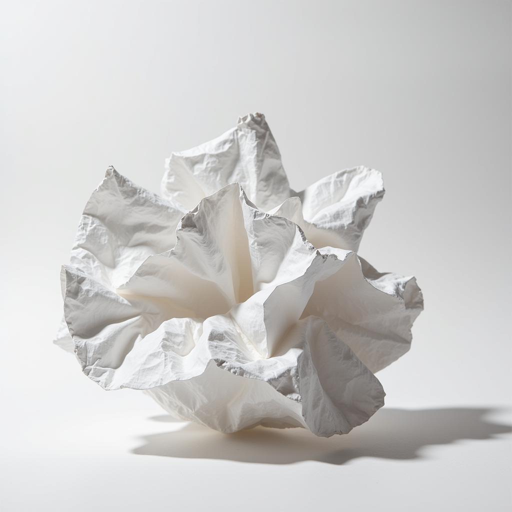 Crumpled paper formed into an abstract sculpture, highlighting texture and light.