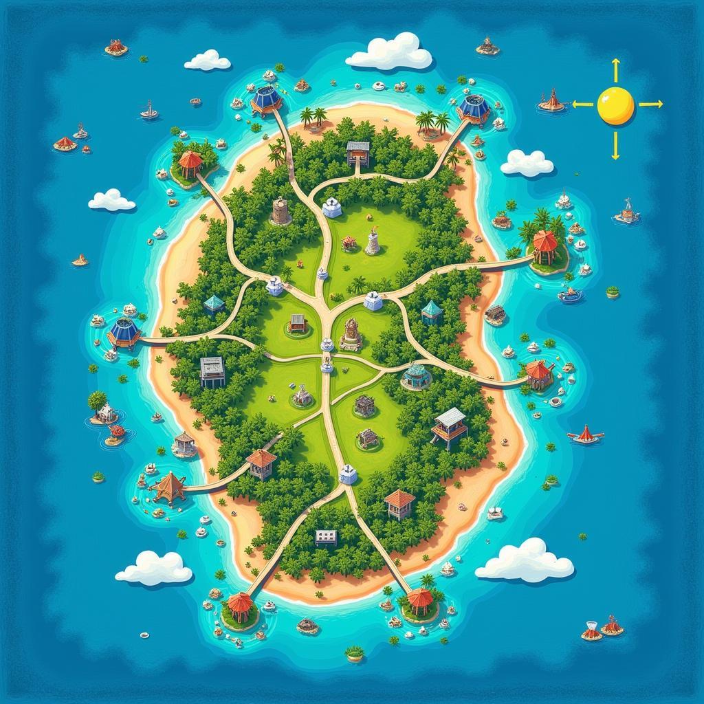 Custom map art depicting a tropical island paradise, showcasing vibrant colors and intricate details of the coastline, beaches, and lush vegetation.