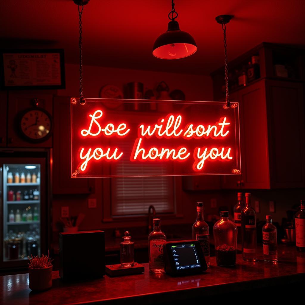 A custom-made neon sign illuminating a home bar