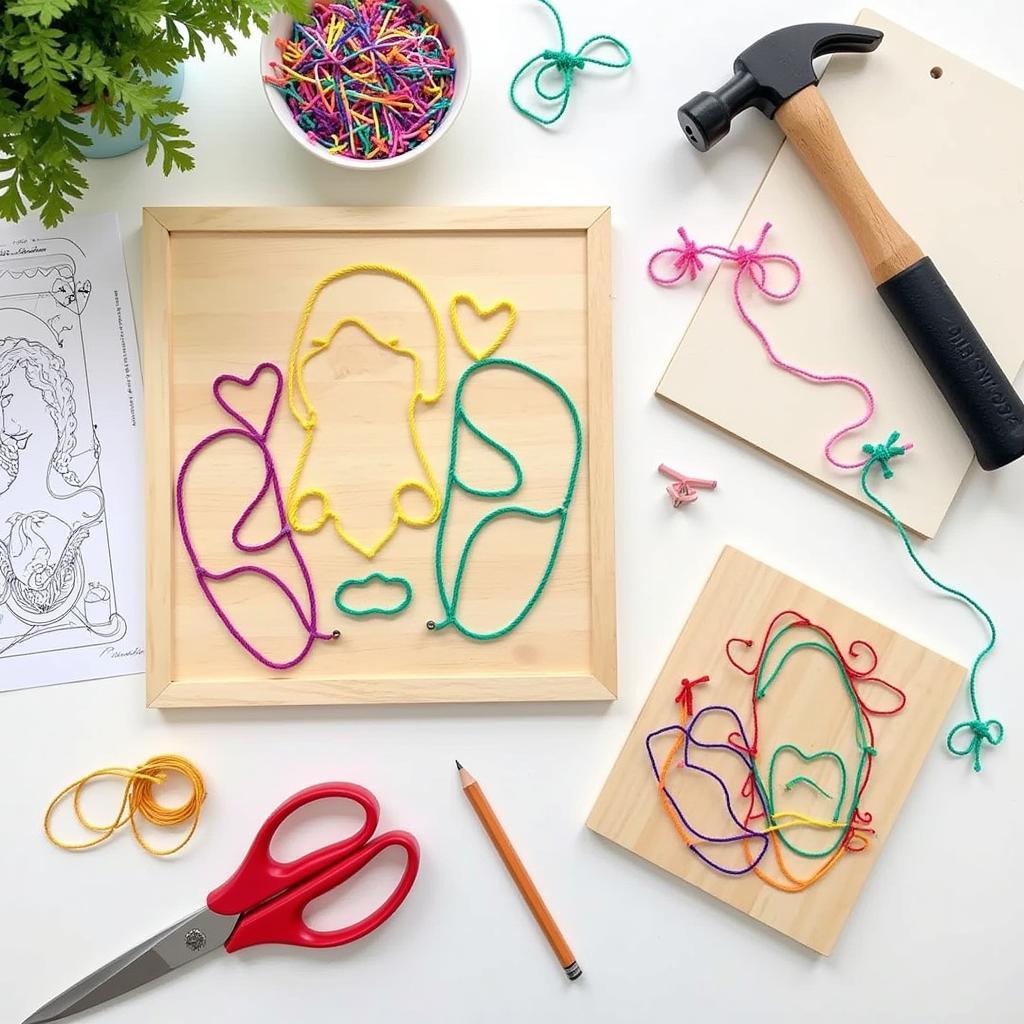 String art materials and tools laid out on a table